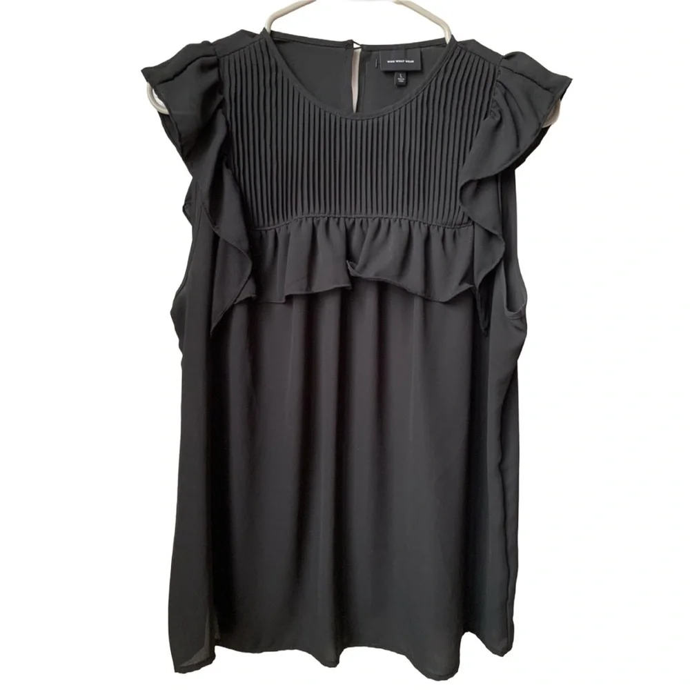 WHO WHAT WEAR Black Ruffle Ribbed Bodice Ruffle Cap Sleeve Tank Blouse